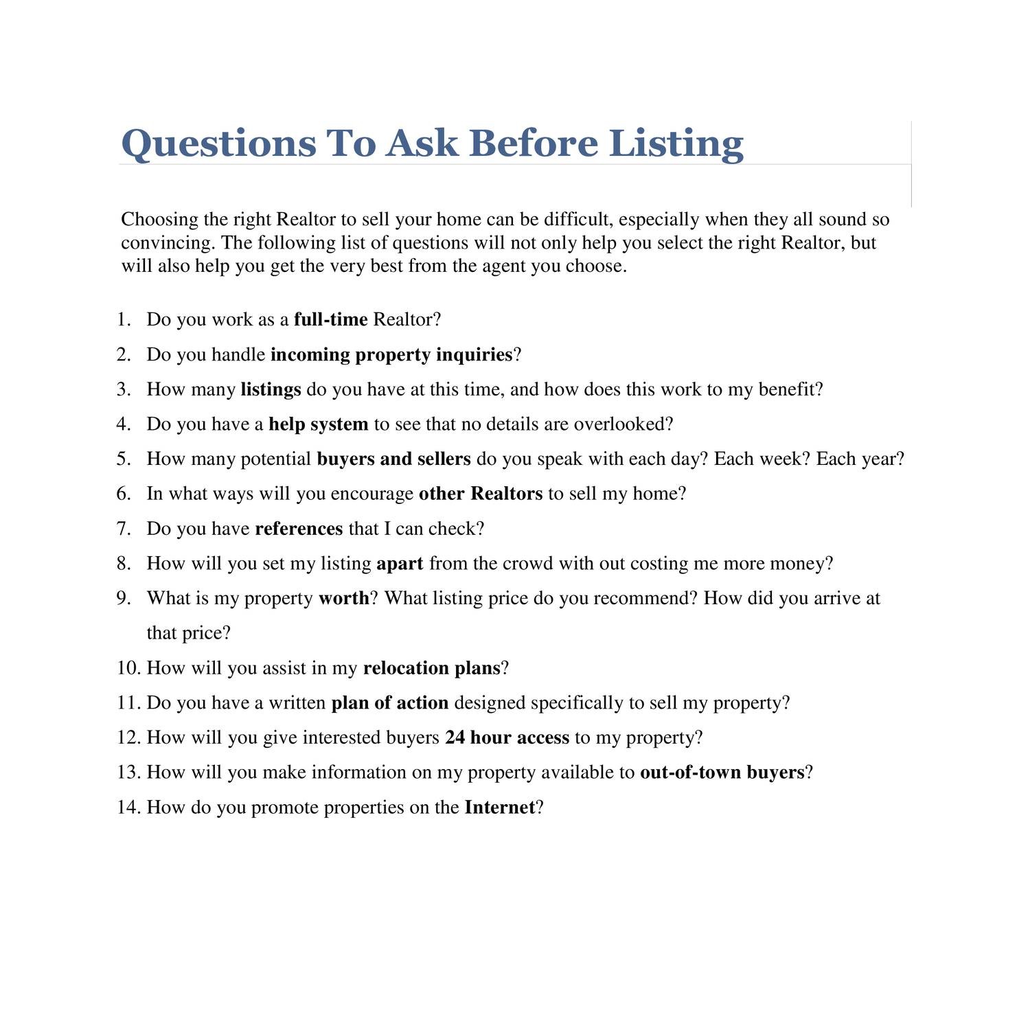 questions to ask during a listing presentation