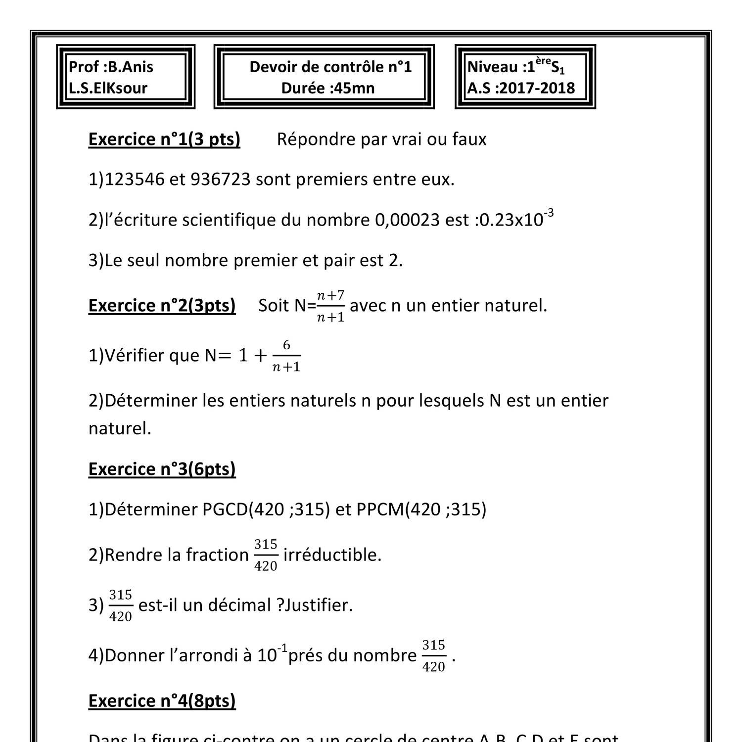 Devoir De Contrôle N°1 - Math - 1ère AS (2017-2018) Mr Bouzouraa.Anis ...