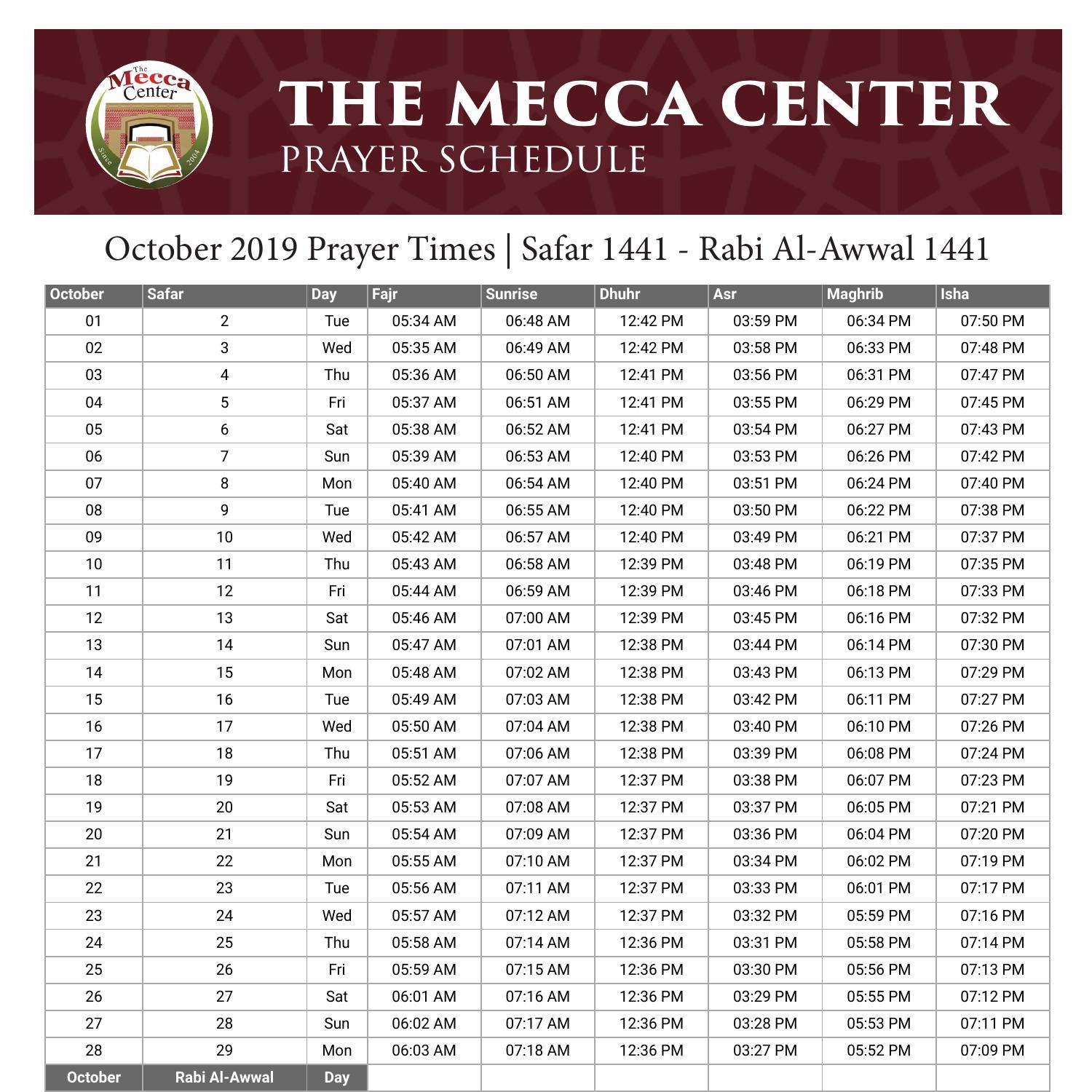 The Mecca Center: October 2019 Prayer Schedule.pdf | DocDroid