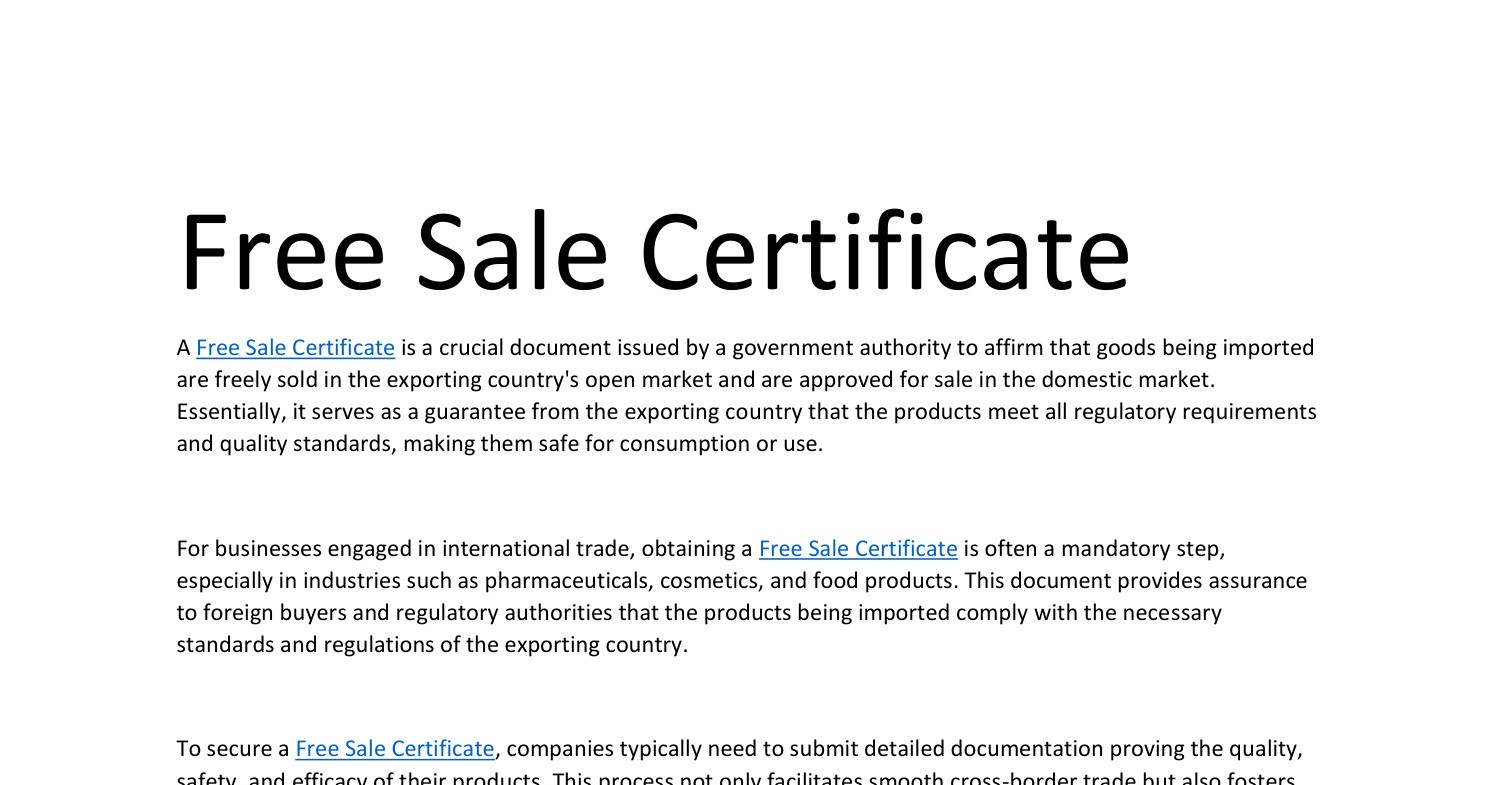 certificate of free sale canada