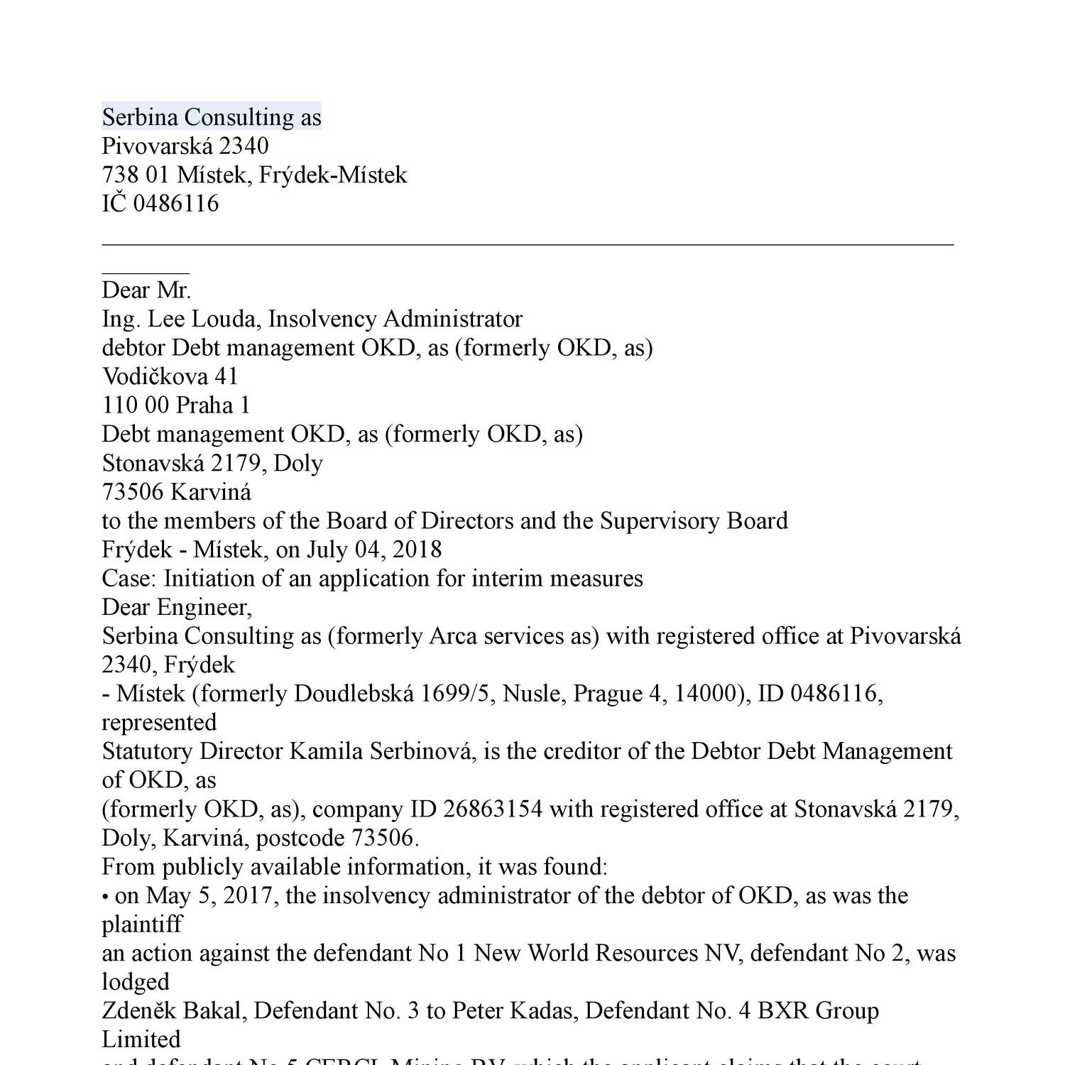 19th July 2018 Serbina Consulting letter English to Lee Louda OKD