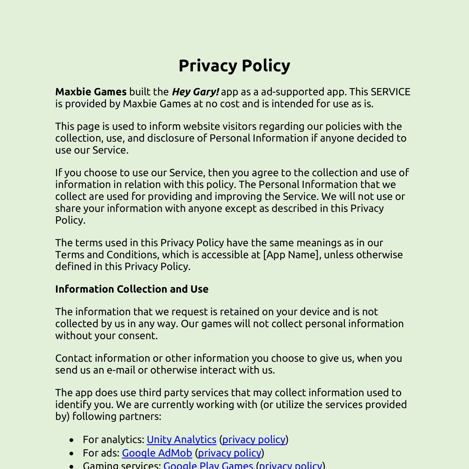 Privacy Policy Maxbie Games Hey Gary Pdf Docdroid