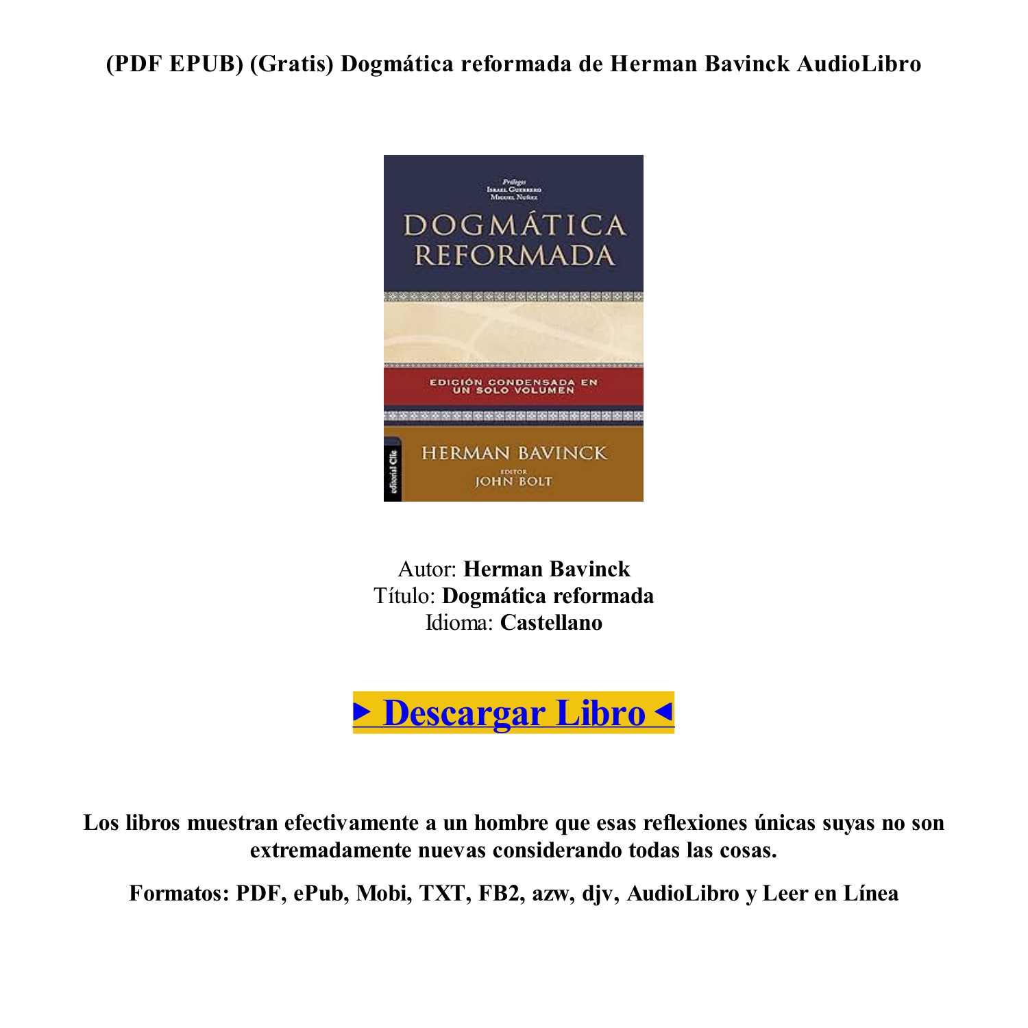 LIBRO [Descargar] Dogmática Reformada De Herman Bavinck {.mobi}.pdf ...