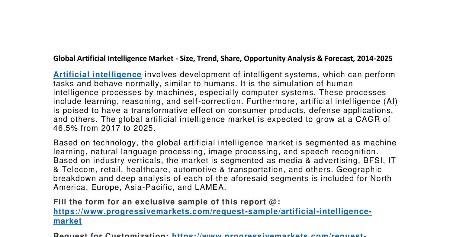 Global Artificial Intelligence Market Growth, Industry Analysis Size of