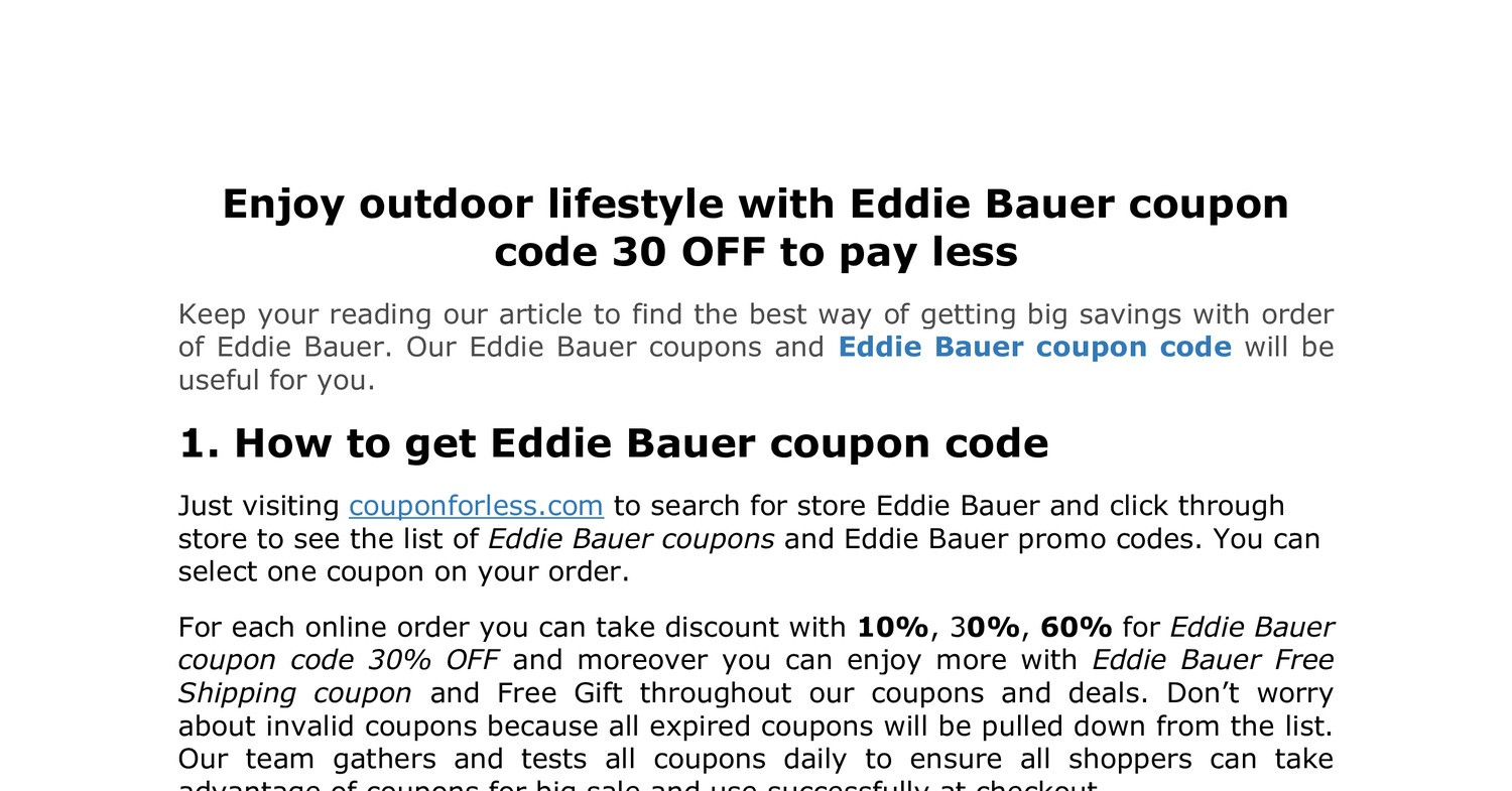 Enjoy outdoor lifestyle with Eddie Bauer coupon code 30 OFF to pay less