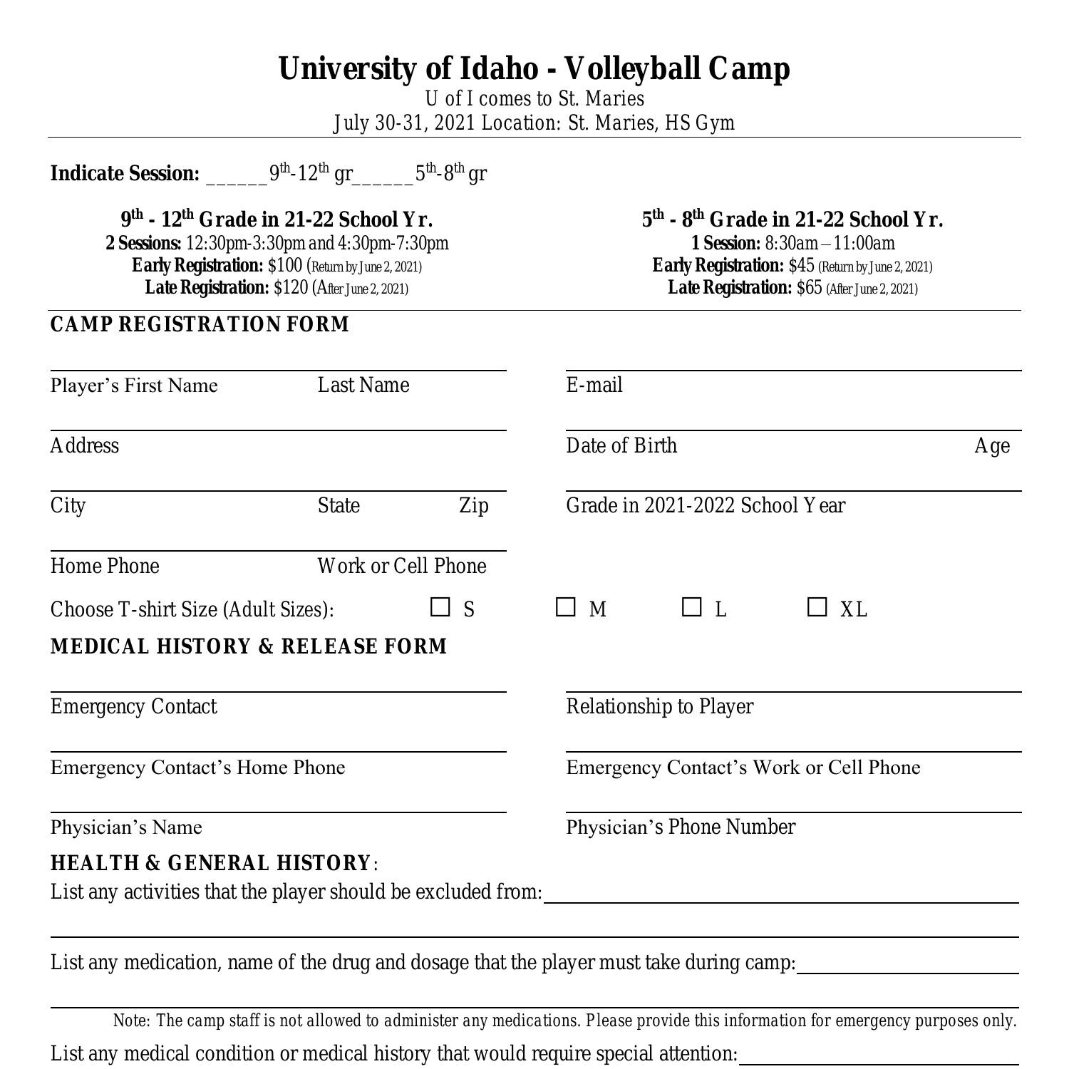 U of I in St. Maries Summer Volleyball Camp Registration Form 2021