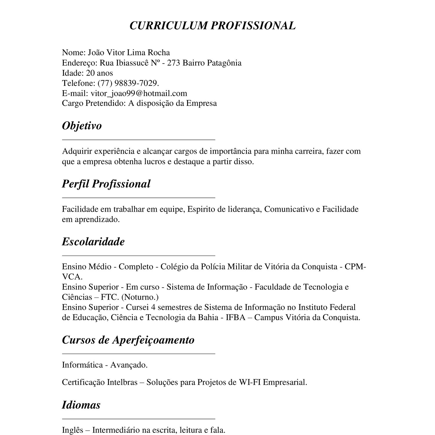 Exemplo De Curriculo Com O Titulo Da Vaga Novo Modelo