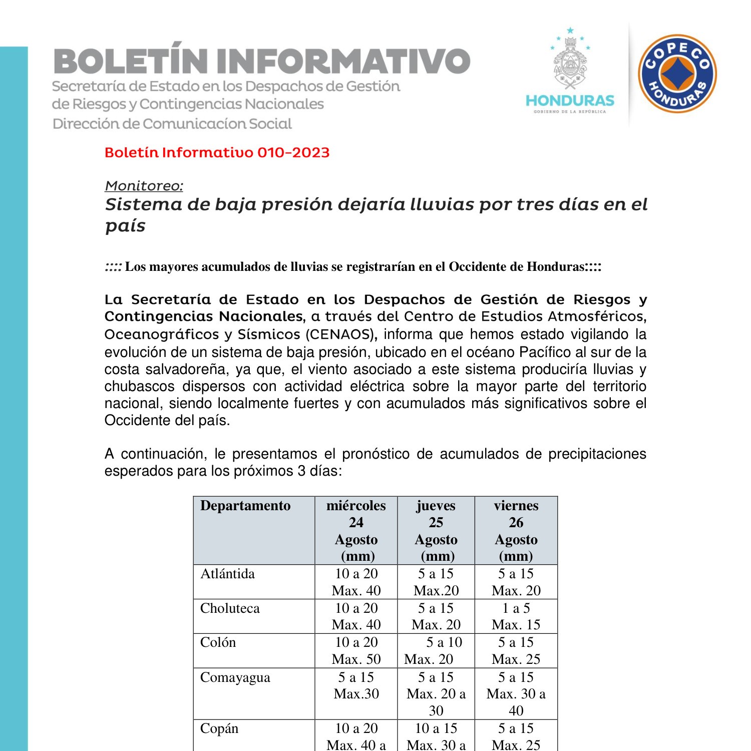 Boletín Informativo 010 2023 Sistema De Baja Presión Dejaría Lluvias Por Tres Días En El País 7743