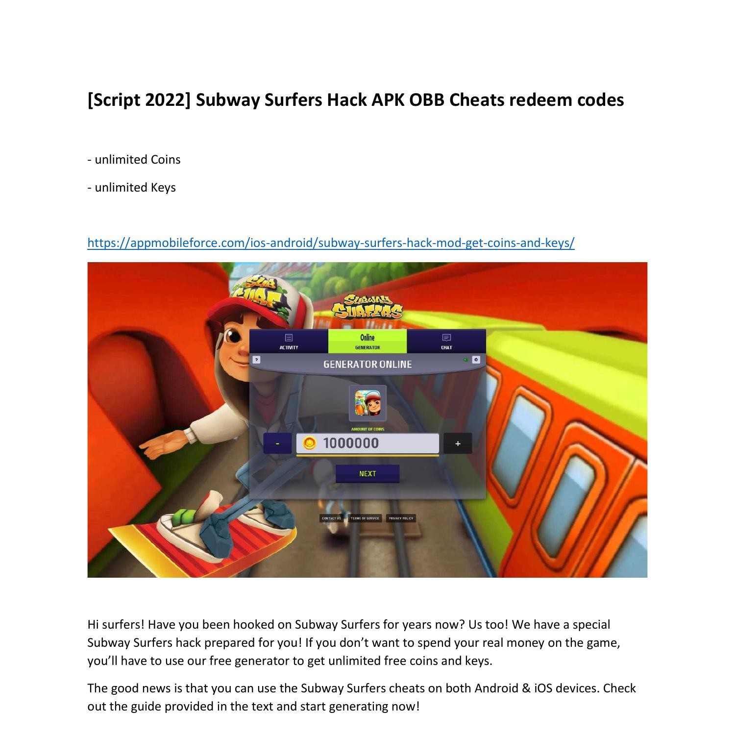 Unlimited coins and keys for free in Subway Surfers