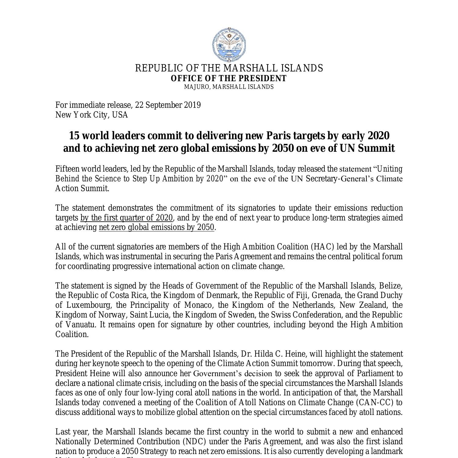 190922 RMI UNSG Summit release & Leaders statement FINAL COMBINED.pdf