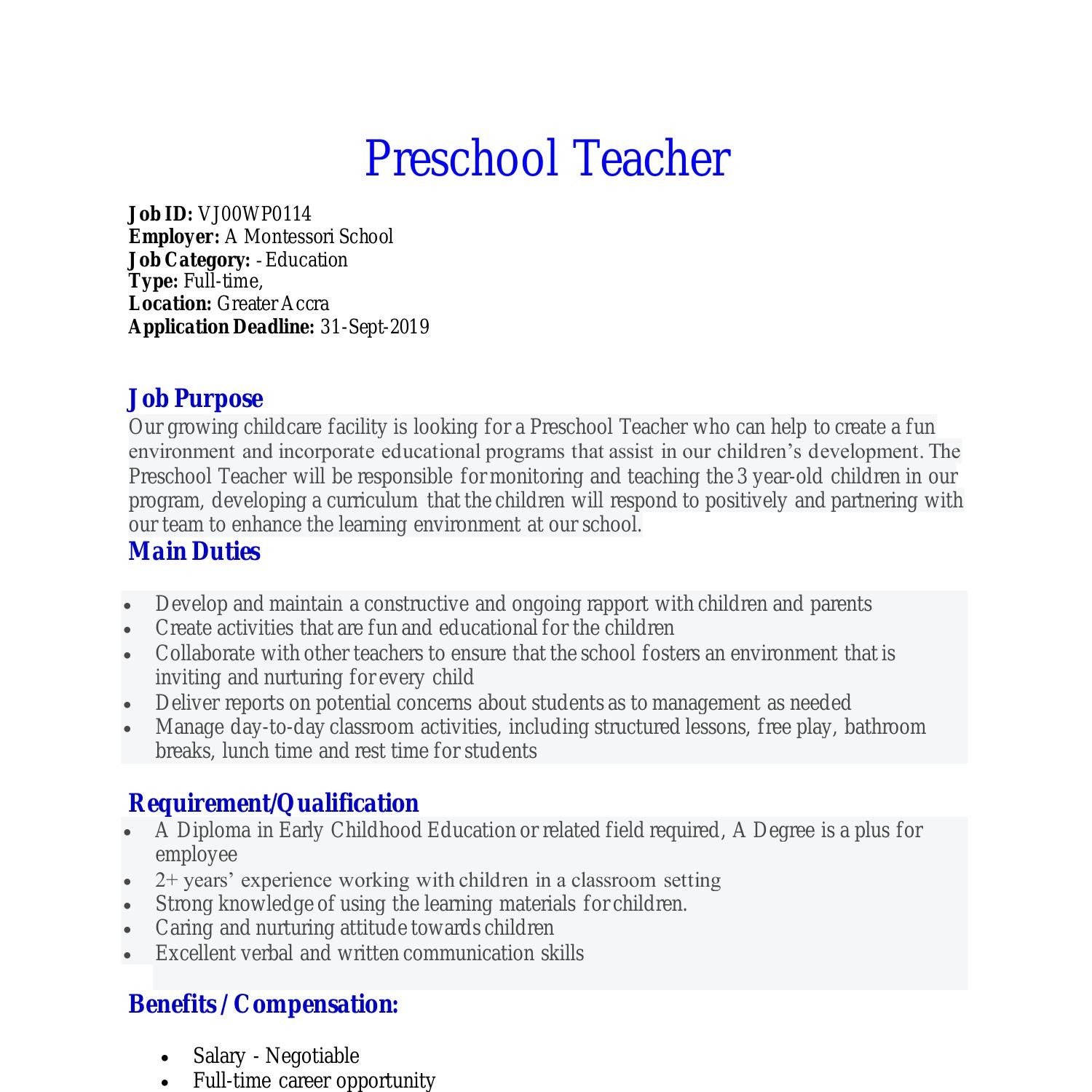 Job Description - Pre School Teacher 1.Docx | Docdroid