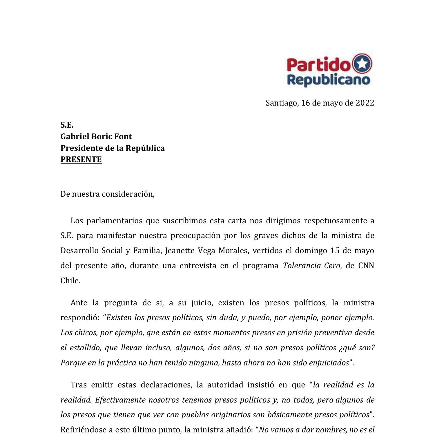 Carta Al Presidente De La República Por Dichos De La Ministra Presos Políticoscompressed 1 3050