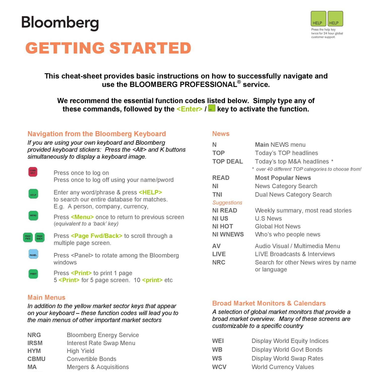 bloomberg terminal functions cheat sheet