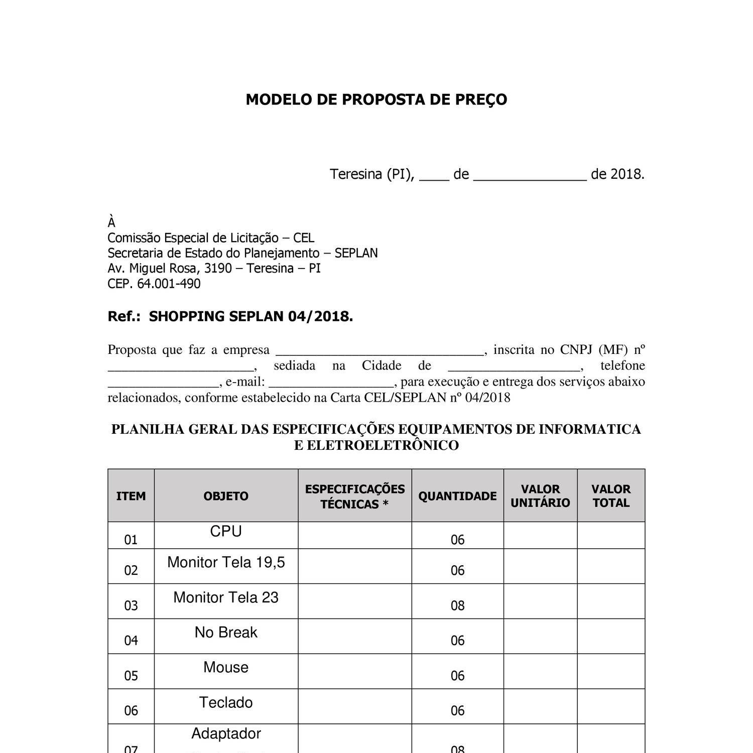 Modelo De Proposta De Pre O Shopping Equipamentos De Inform Tica Docx Docdroid