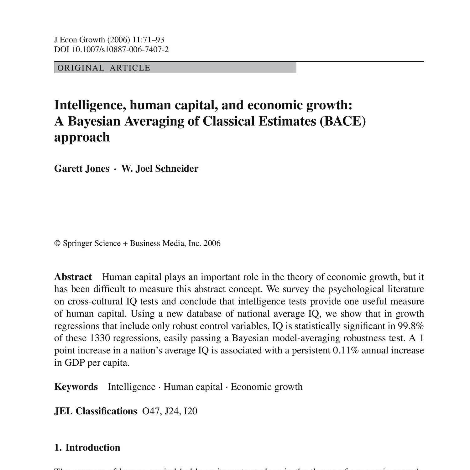 Intelligence Human Capital And Economic Growth A - 