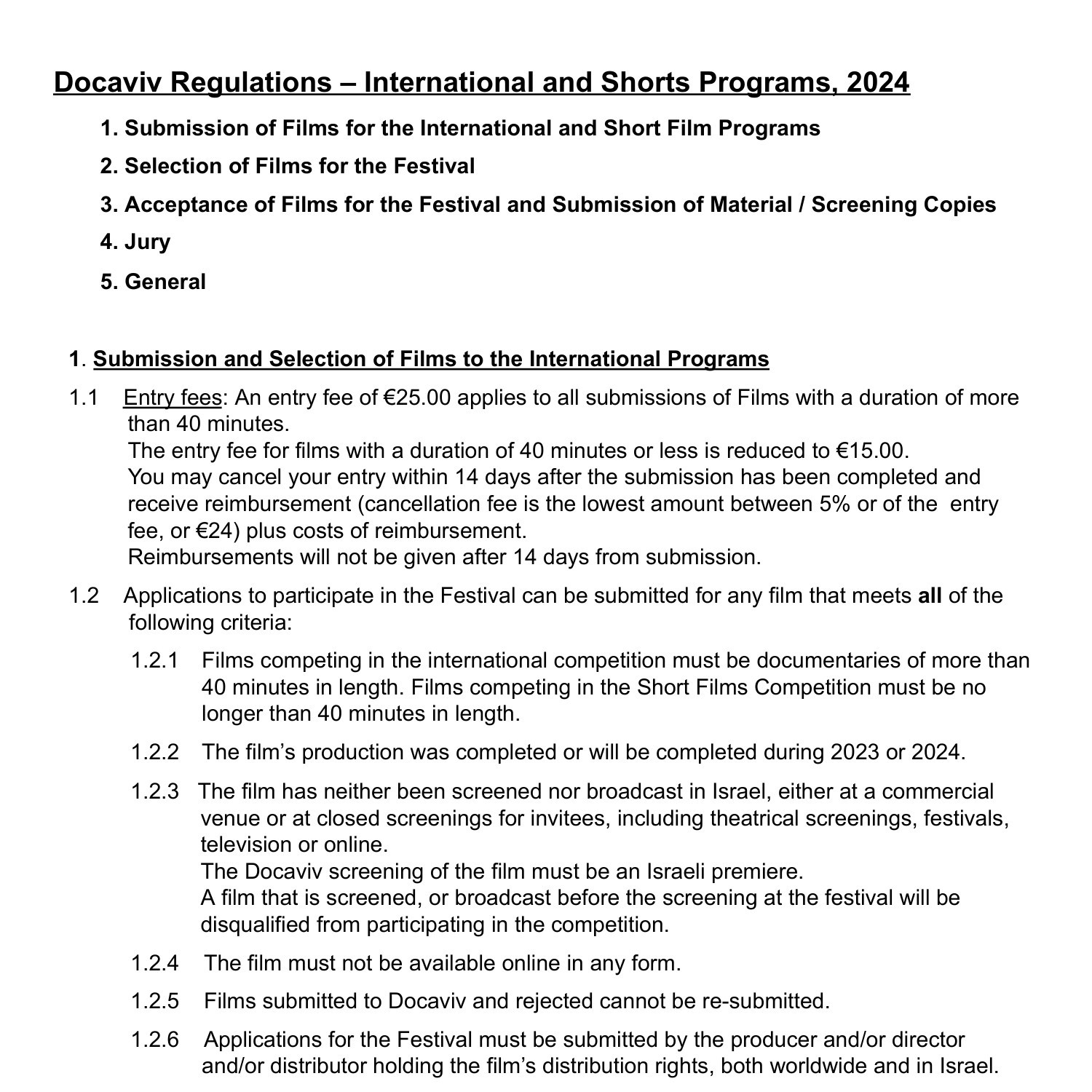 Docaviv Regulations 2024 International Program and Shorts