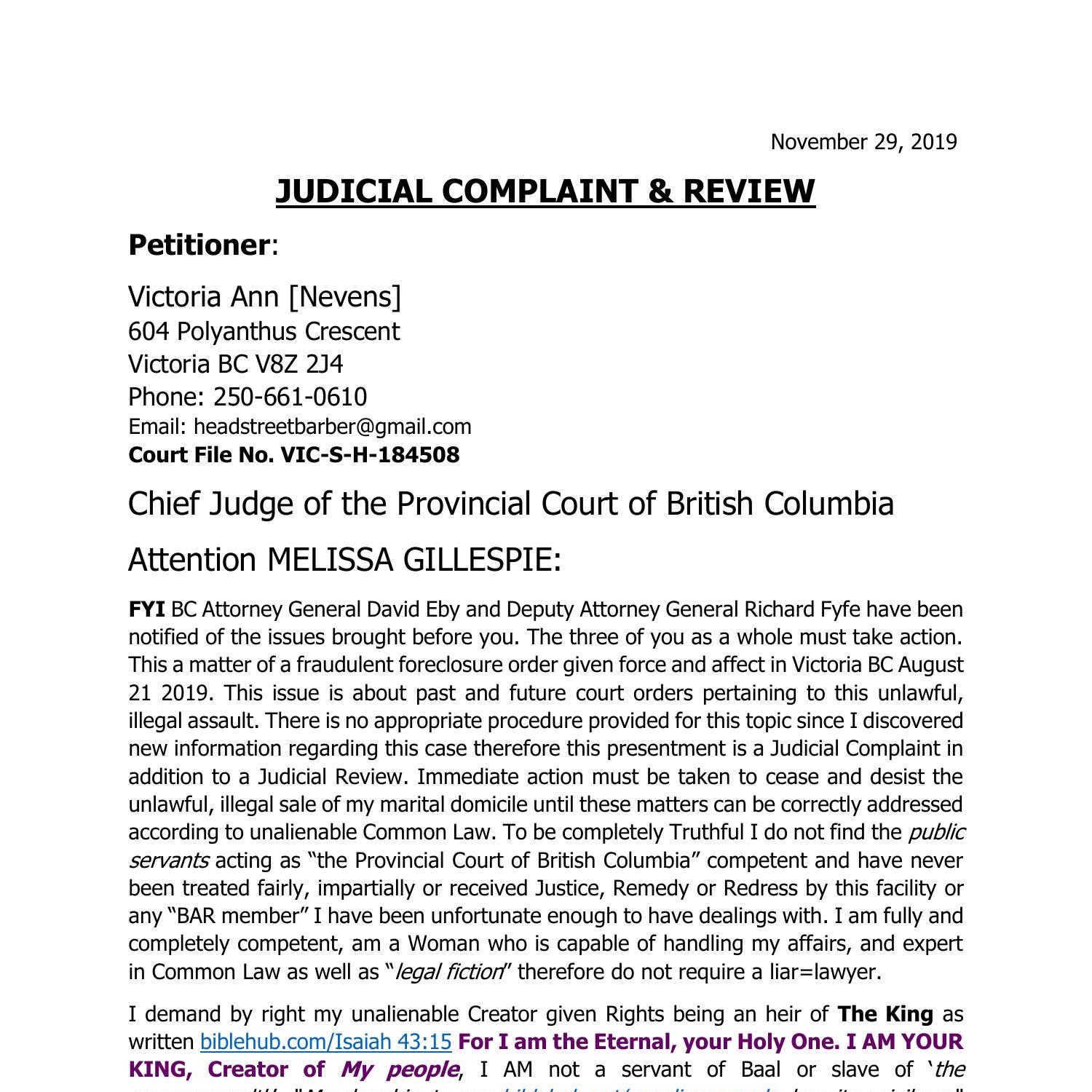 BC COURT WITCH MELISSA GILLESPIE EXPOSED Judicial Review Of Fraudulent   Bc Court Witch Melissa Gillespie Exposed Judicial Review Of Fraudulent Foreclosure Pdf 