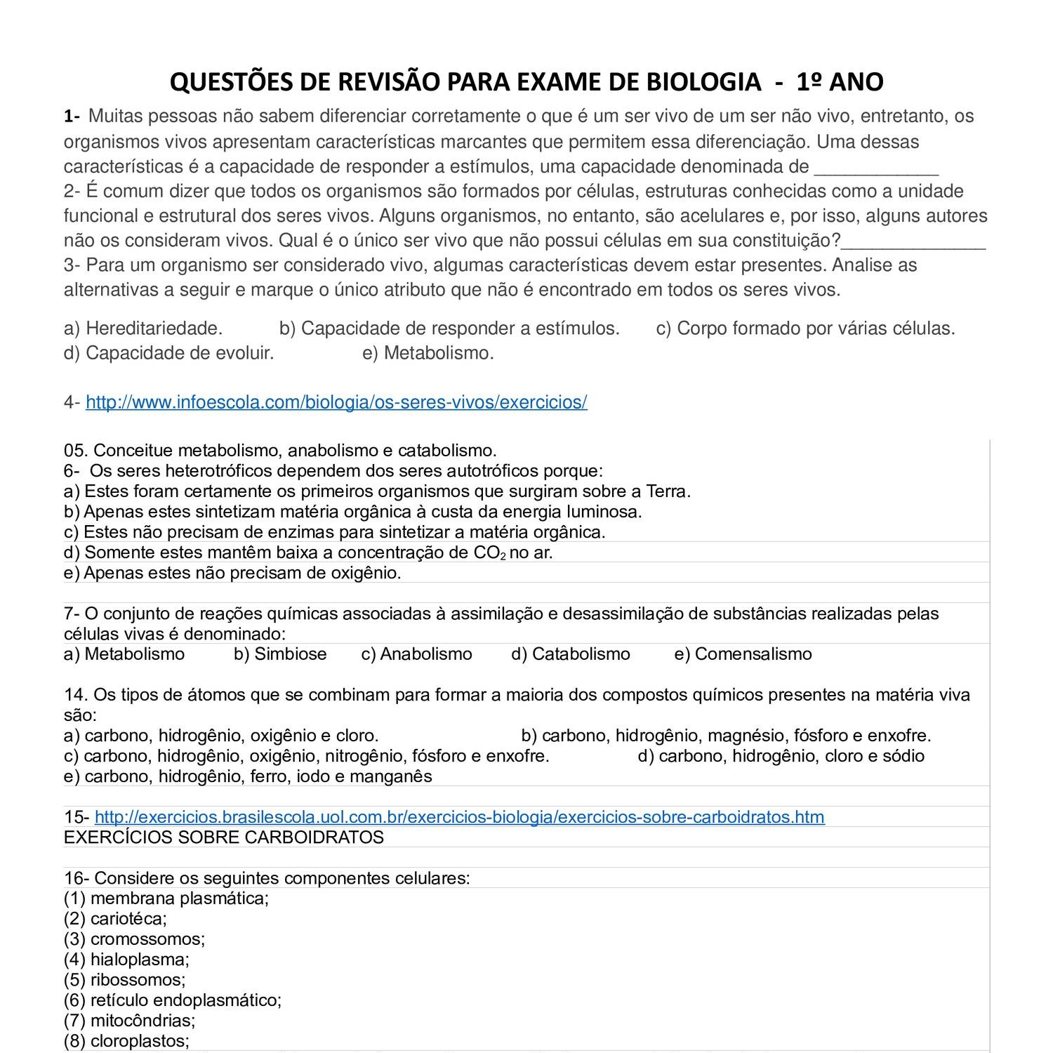 QuestÕes De RevisÃo Para Exame De Biologia 1º Ano Pdf Docdroid