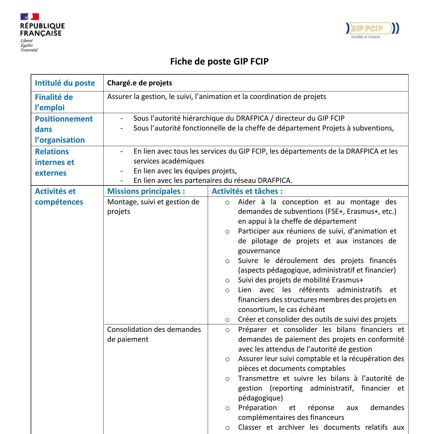 Fiche Poste Chargé De Projets Gippdf Docdroid 