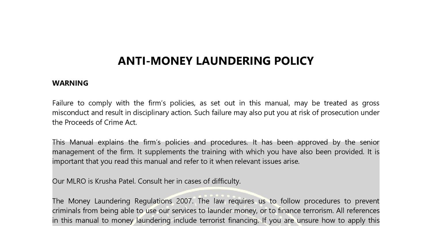 Anti money Laundering Procedures And Training Manual