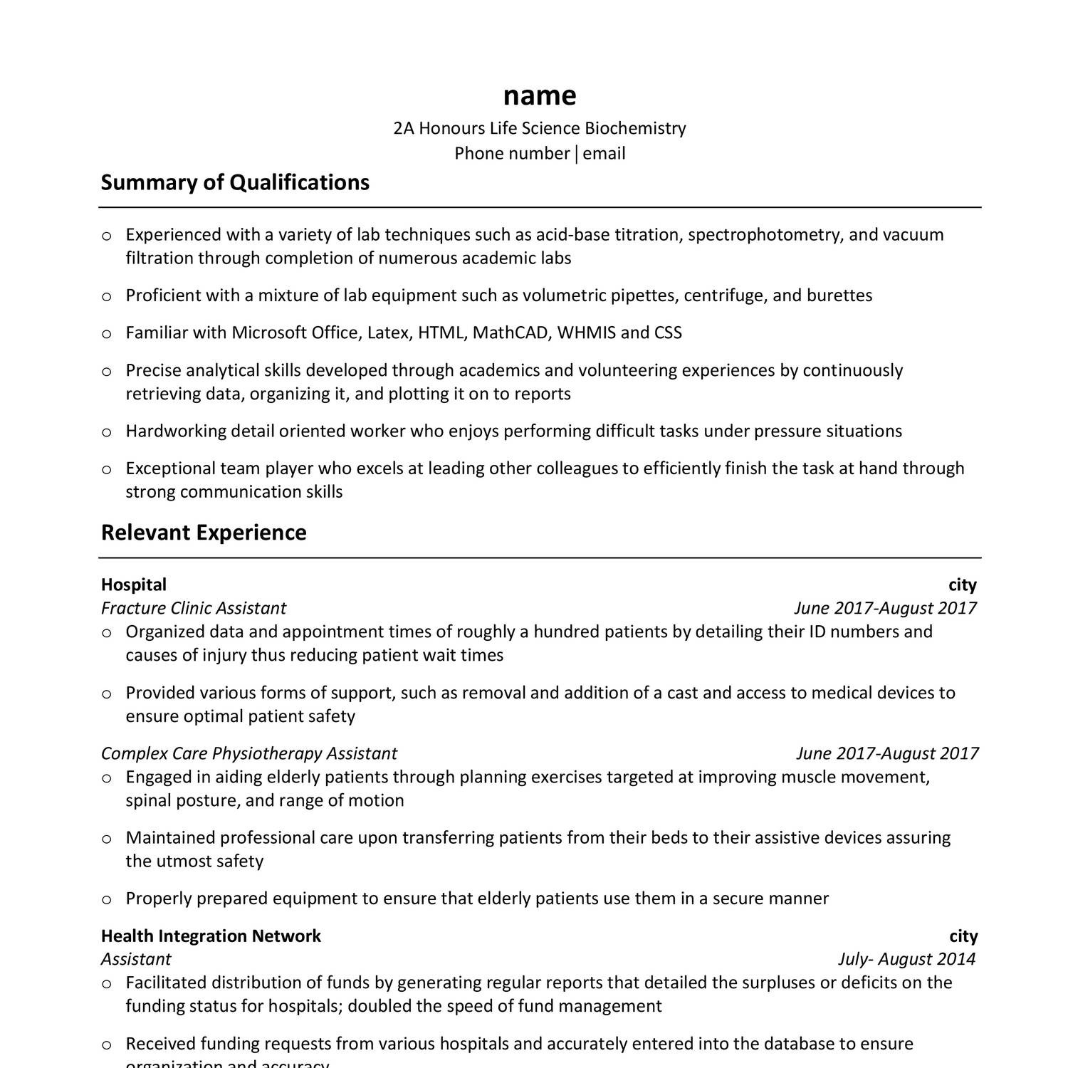 resume samples for co op students