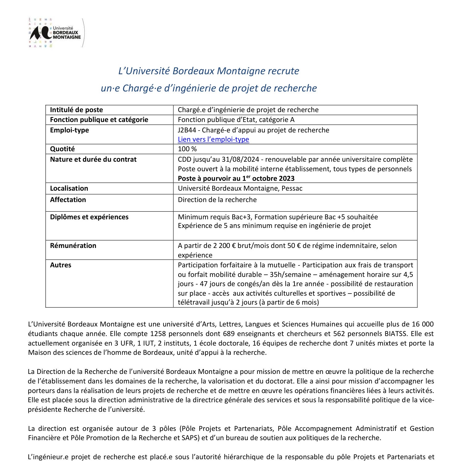 Fiche De Poste Dr Ch Ingenierie Projets Recherche Pdf Docdroid